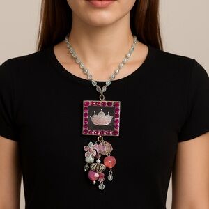 Elegant Pink Crown Pendant Necklace